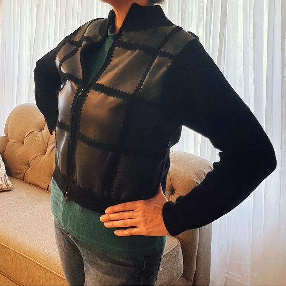 Black Knit and Vegan Leather Patches Jacket - Picture 2 of 4